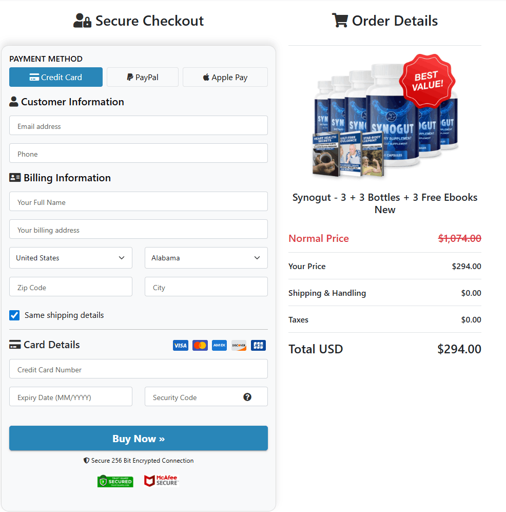 SynoGut Checkout page